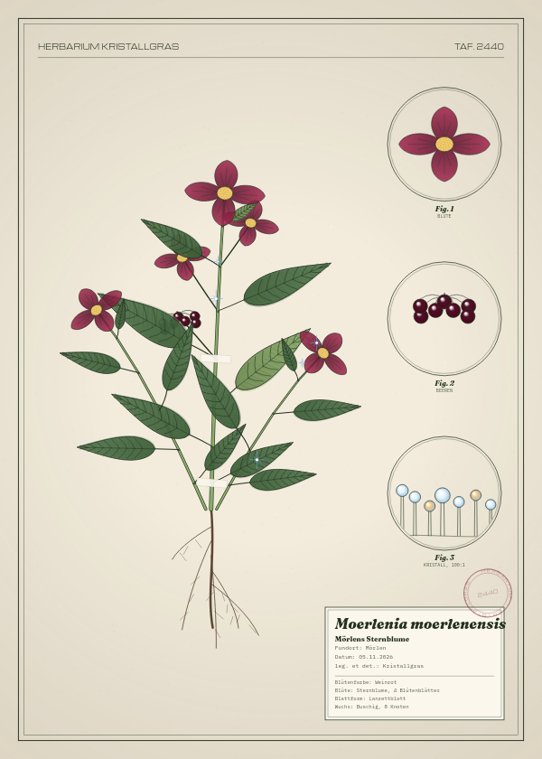 Botanische Tafel: Moerlenia moerlenensis, eine erfundene Pflanze aus Mörlen, gezeichnet wie in einem alten Pflanzenatlas