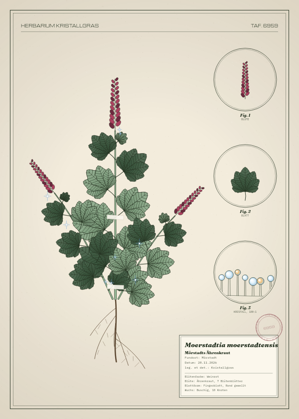 Botanische Tafel: Moerstadtia moerstadtensis, eine erfundene Pflanze aus Mörstadt, gezeichnet wie in einem alten Pflanzenatlas