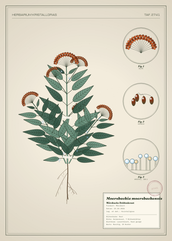 Botanische Tafel: Moersbachia moersbachensis, eine erfundene Pflanze aus Mörsbach, gezeichnet wie in einem alten Pflanzenatlas