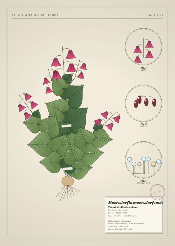 Botanische Tafel: Moersdorfia moersdorfensis, eine erfundene Pflanze aus Mörsdorf, gezeichnet wie in einem alten Pflanzenatlas