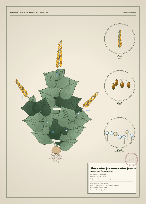 Botanische Tafel: Moersdorfia moersdorfensis, eine erfundene Pflanze aus Mörsdorf, gezeichnet wie in einem alten Pflanzenatlas