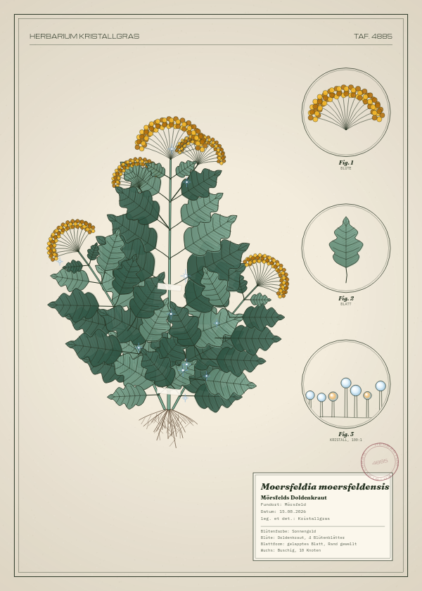 Botanische Tafel: Moersfeldia moersfeldensis, eine erfundene Pflanze aus Mörsfeld, gezeichnet wie in einem alten Pflanzenatlas