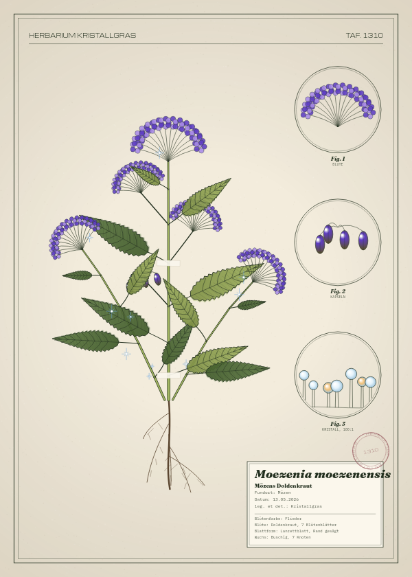 Botanische Tafel: Moezenia moezenensis, eine erfundene Pflanze aus Mözen, gezeichnet wie in einem alten Pflanzenatlas