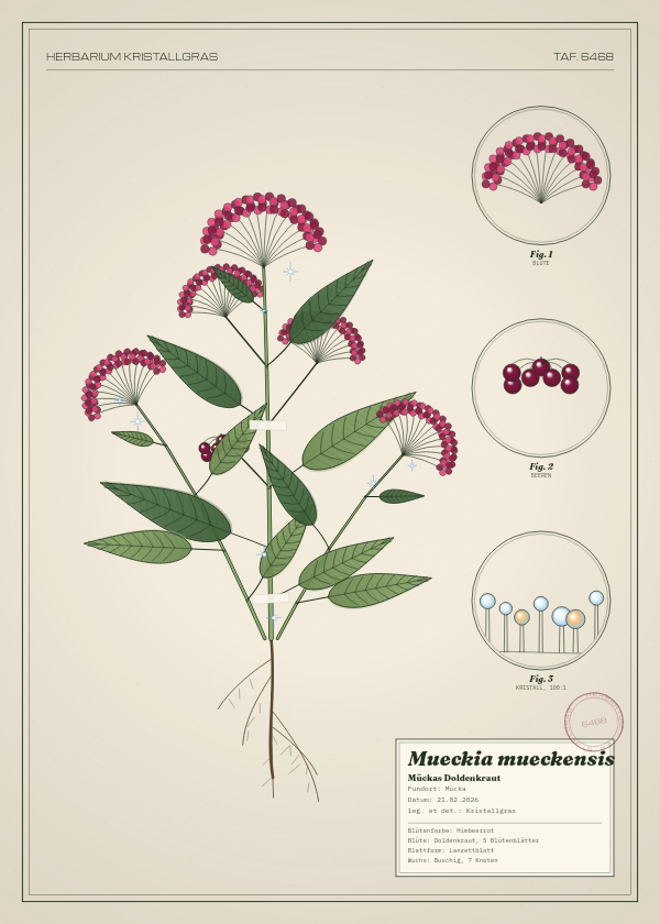 Botanische Tafel: Mueckia mueckensis, eine erfundene Pflanze aus Mücka, gezeichnet wie in einem alten Pflanzenatlas