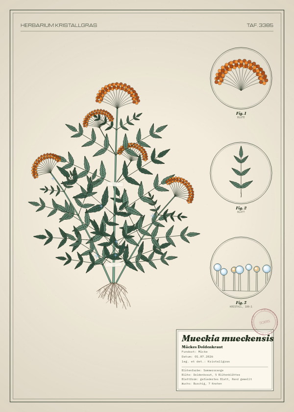 Botanische Tafel: Mueckia mueckensis, eine erfundene Pflanze aus Mücke, gezeichnet wie in einem alten Pflanzenatlas