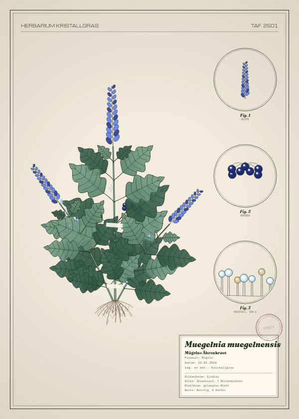 Botanische Tafel: Muegelnia muegelnensis, eine erfundene Pflanze aus Mügeln, gezeichnet wie in einem alten Pflanzenatlas