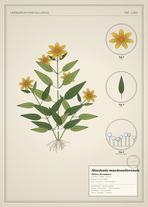 Botanische Tafel: Muedenia muedenallerensis, eine erfundene Pflanze aus Müden (Aller), gezeichnet wie in einem alten Pflanzenatlas