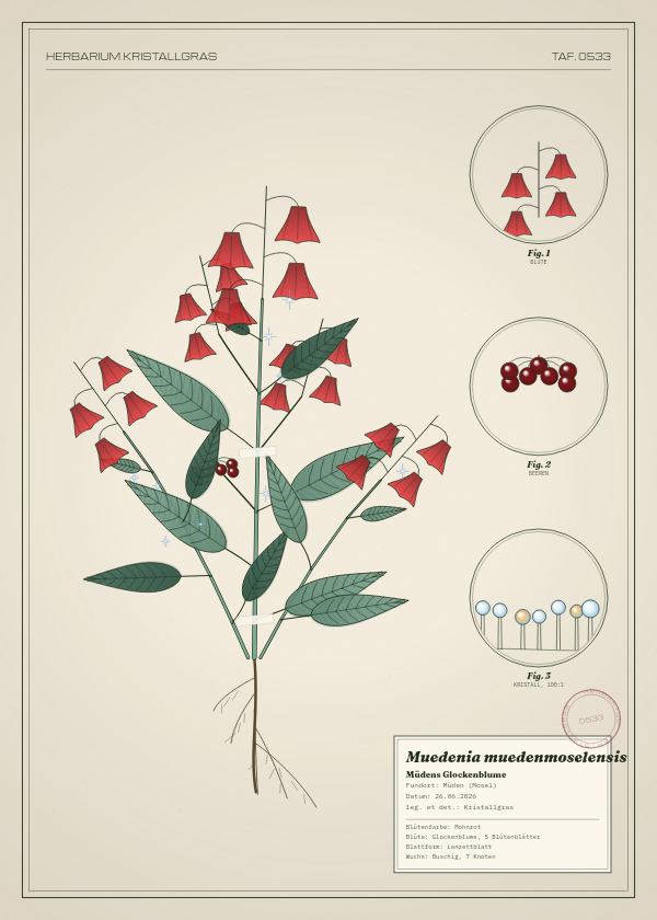 Botanische Tafel: Muedenia muedenmoselensis, eine erfundene Pflanze aus Müden (Mosel), gezeichnet wie in einem alten Pflanzenatlas