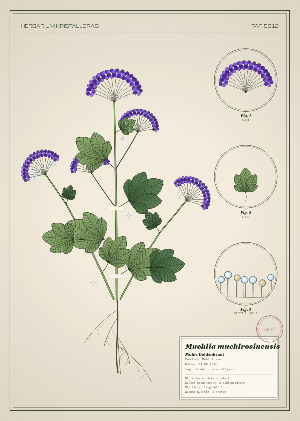 Botanische Tafel: Muehlia muehlrosinensis, eine erfundene Pflanze aus Mühl Rosin, gezeichnet wie in einem alten Pflanzenatlas