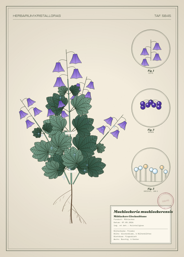 Botanische Tafel: Muehlackeria muehlackerensis, eine erfundene Pflanze aus Mühlacker, gezeichnet wie in einem alten Pflanzenatlas