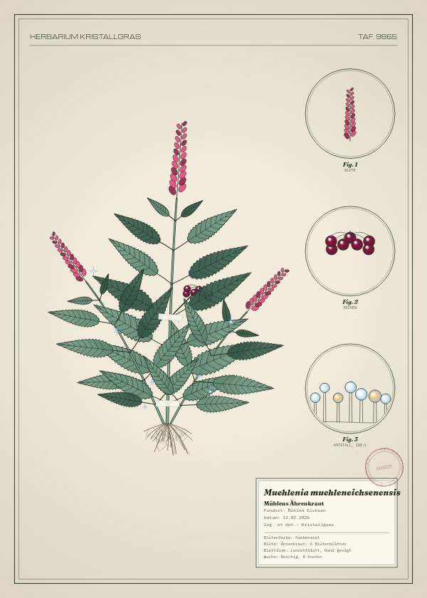 Botanische Tafel: Muehlenia muehleneichsenensis, eine erfundene Pflanze aus Mühlen Eichsen, gezeichnet wie in einem alten Pflanzenatlas