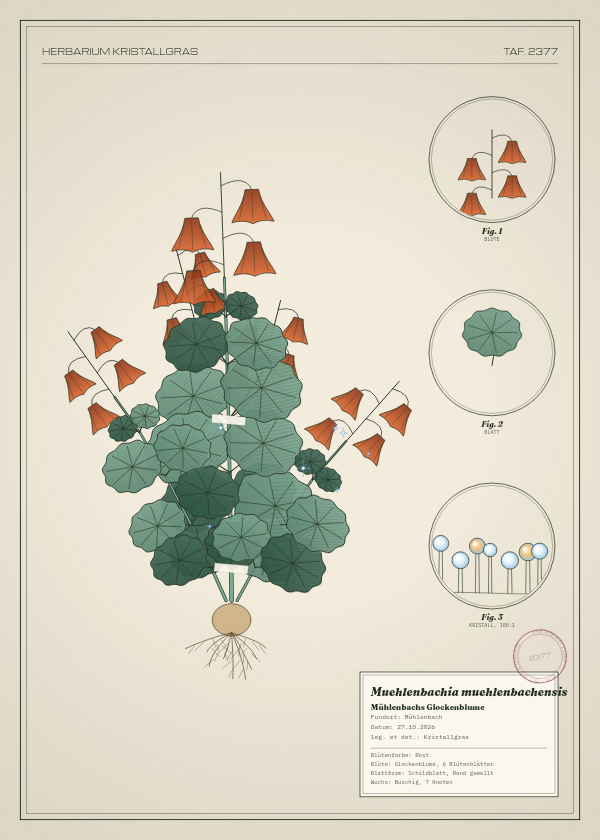 Botanische Tafel: Muehlenbachia muehlenbachensis, eine erfundene Pflanze aus Mühlenbach, gezeichnet wie in einem alten Pflanzenatlas
