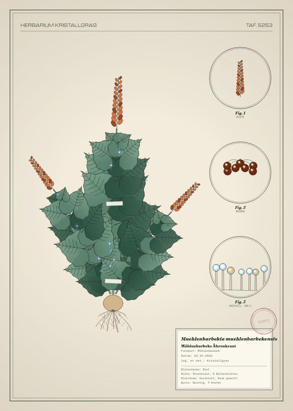 Botanische Tafel: Muehlenbarbekia muehlenbarbekensis, eine erfundene Pflanze aus Mühlenbarbek, gezeichnet wie in einem alten Pflanzenatlas