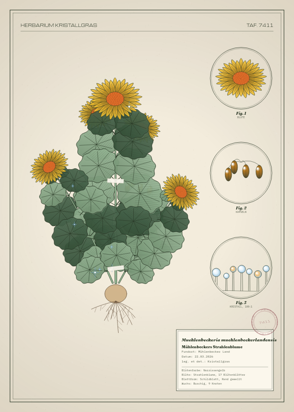 Botanische Tafel: Muehlenbeckeria muehlenbeckerlandensis, eine erfundene Pflanze aus Mühlenbecker Land, gezeichnet wie in einem alten Pflanzenatlas
