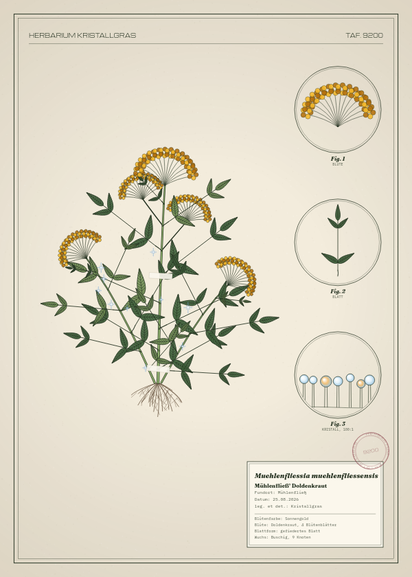 Botanische Tafel: Muehlenfliessia muehlenfliessensis, eine erfundene Pflanze aus Mühlenfließ, gezeichnet wie in einem alten Pflanzenatlas