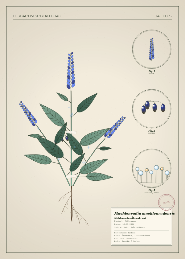 Botanische Tafel: Muehlenradia muehlenradensis, eine erfundene Pflanze aus Mühlenrade, gezeichnet wie in einem alten Pflanzenatlas