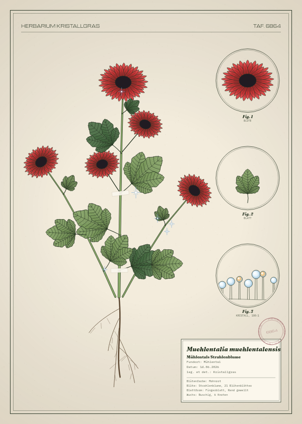 Botanische Tafel: Muehlentalia muehlentalensis, eine erfundene Pflanze aus Mühlental, gezeichnet wie in einem alten Pflanzenatlas