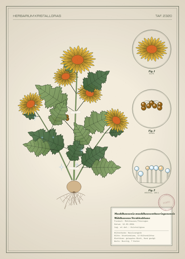 Botanische Tafel: Muehlhausenia muehlhausenthueringenensis, eine erfundene Pflanze aus Mühlhausen/Thüringen, gezeichnet wie in einem alten Pflanzenatlas