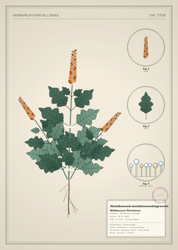 Botanische Tafel: Muehlhausenia muehlhausenehingenensis, eine erfundene Pflanze aus Mühlhausen-Ehingen, gezeichnet wie in einem alten Pflanzenatlas