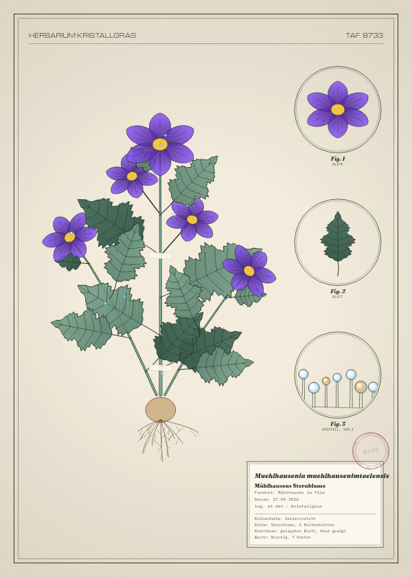 Botanische Tafel: Muehlhausenia muehlhausenimtaelensis, eine erfundene Pflanze aus Mühlhausen im Täle, gezeichnet wie in einem alten Pflanzenatlas
