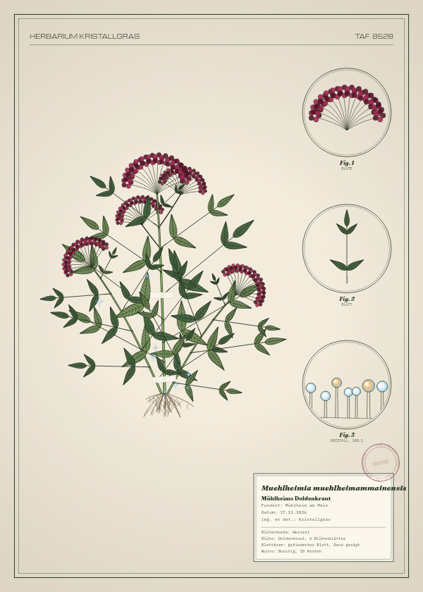 Botanische Tafel: Muehlheimia muehlheimammainensis, eine erfundene Pflanze aus Mühlheim am Main, gezeichnet wie in einem alten Pflanzenatlas