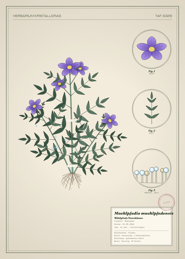 Botanische Tafel: Muehlpfadia muehlpfadensis, eine erfundene Pflanze aus Mühlpfad, gezeichnet wie in einem alten Pflanzenatlas