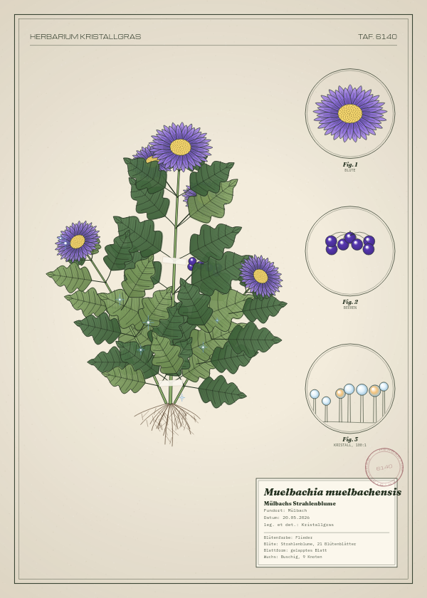 Botanische Tafel: Muelbachia muelbachensis, eine erfundene Pflanze aus Mülbach, gezeichnet wie in einem alten Pflanzenatlas
