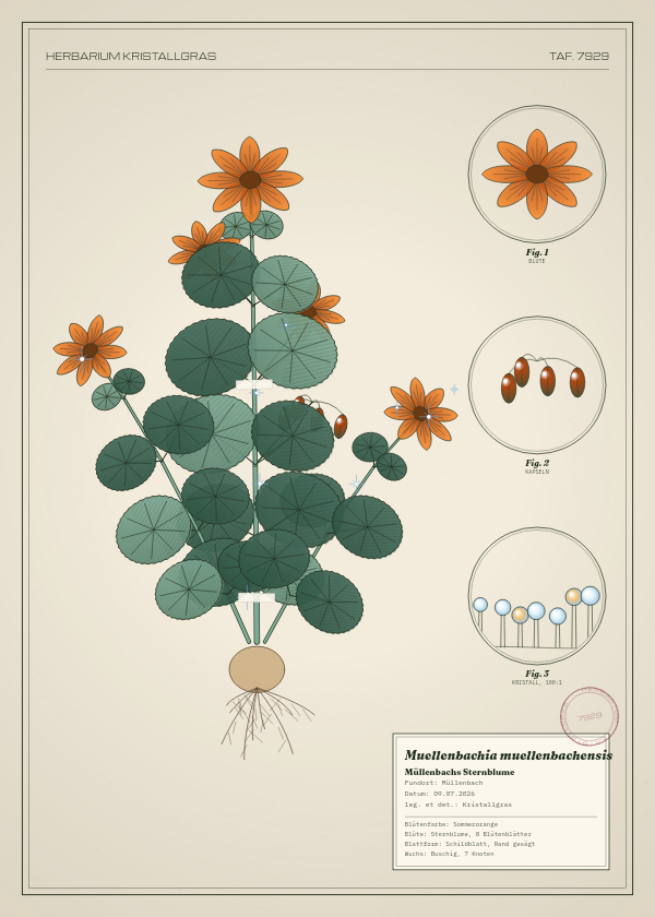 Botanische Tafel: Muellenbachia muellenbachensis, eine erfundene Pflanze aus Müllenbach, gezeichnet wie in einem alten Pflanzenatlas