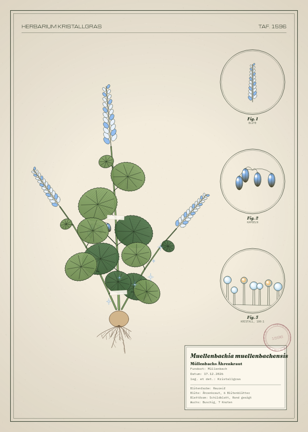 Botanische Tafel: Muellenbachia muellenbachensis, eine erfundene Pflanze aus Müllenbach, gezeichnet wie in einem alten Pflanzenatlas