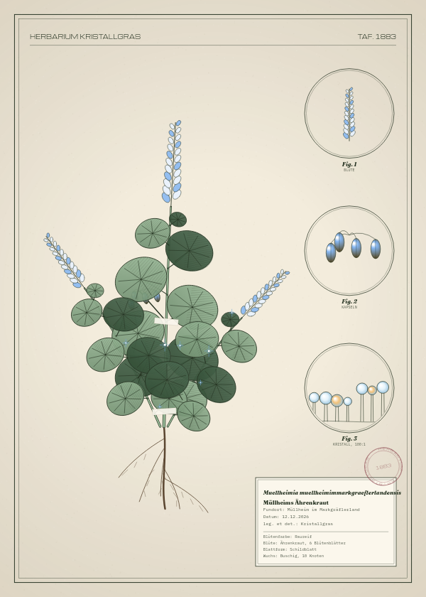 Botanische Tafel: Muellheimia muellheimimmarkgraeflerlandensis, eine erfundene Pflanze aus Müllheim im Markgräflerland, gezeichnet wie in einem alten Pflanzenatlas