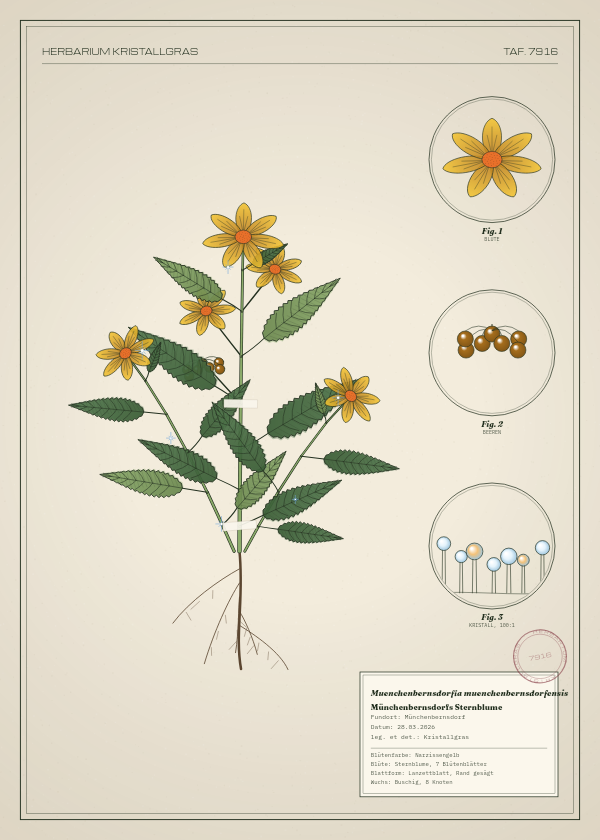Botanische Tafel: Muenchenbernsdorfia muenchenbernsdorfensis, eine erfundene Pflanze aus Münchenbernsdorf, gezeichnet wie in einem alten Pflanzenatlas