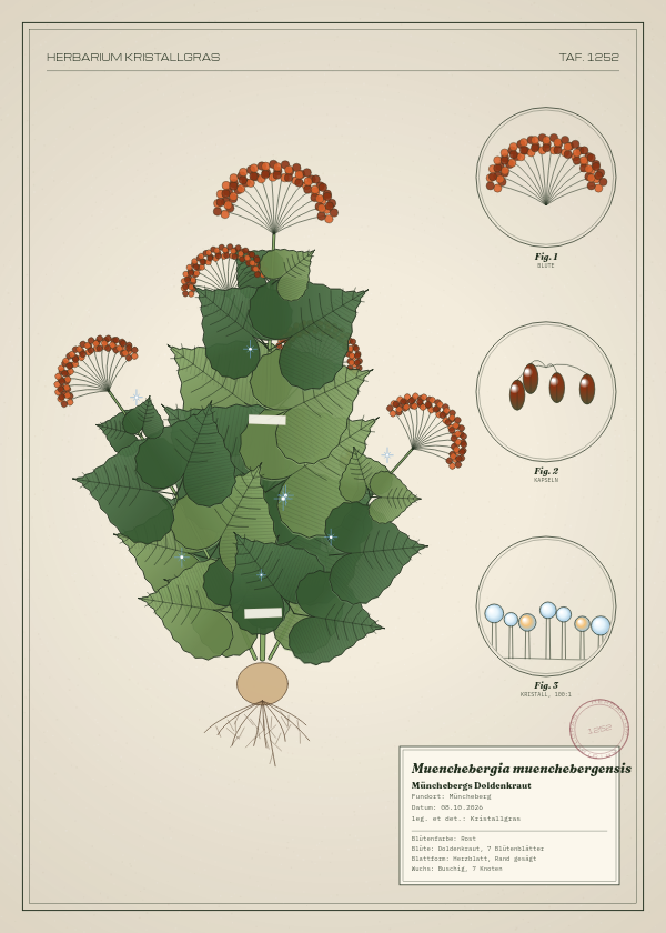 Botanische Tafel: Muenchebergia muenchebergensis, eine erfundene Pflanze aus Müncheberg, gezeichnet wie in einem alten Pflanzenatlas
