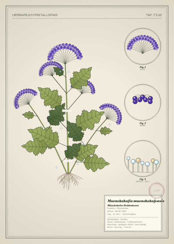 Botanische Tafel: Muenchehofia muenchehofensis, eine erfundene Pflanze aus Münchehofe, gezeichnet wie in einem alten Pflanzenatlas
