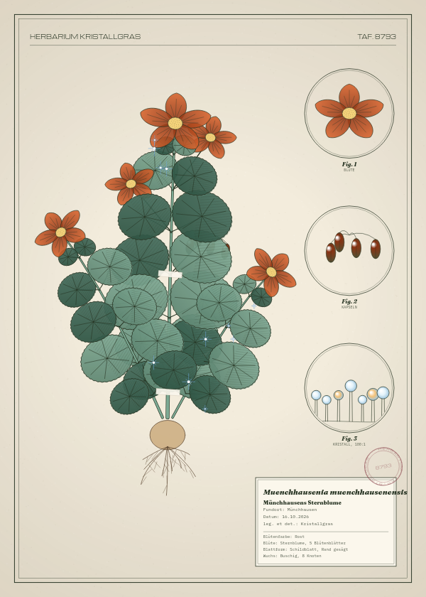 Botanische Tafel: Muenchhausenia muenchhausenensis, eine erfundene Pflanze aus Münchhausen, gezeichnet wie in einem alten Pflanzenatlas