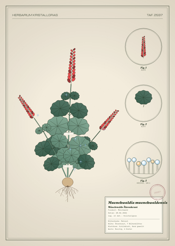 Botanische Tafel: Muenchwaldia muenchwaldensis, eine erfundene Pflanze aus Münchwald, gezeichnet wie in einem alten Pflanzenatlas