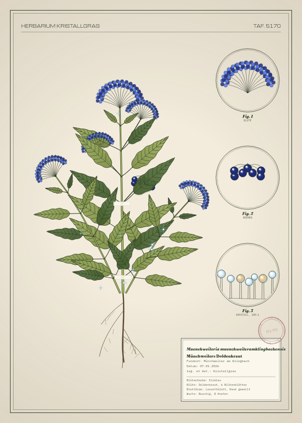 Botanische Tafel: Muenchweileria muenchweileramklingbachensis, eine erfundene Pflanze aus Münchweiler am Klingbach, gezeichnet wie in einem alten Pflanzenatlas