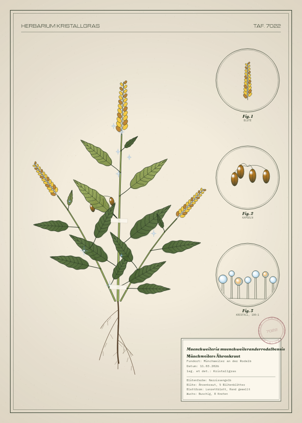 Botanische Tafel: Muenchweileria muenchweileranderrodalbensis, eine erfundene Pflanze aus Münchweiler an der Rodalb, gezeichnet wie in einem alten Pflanzenatlas