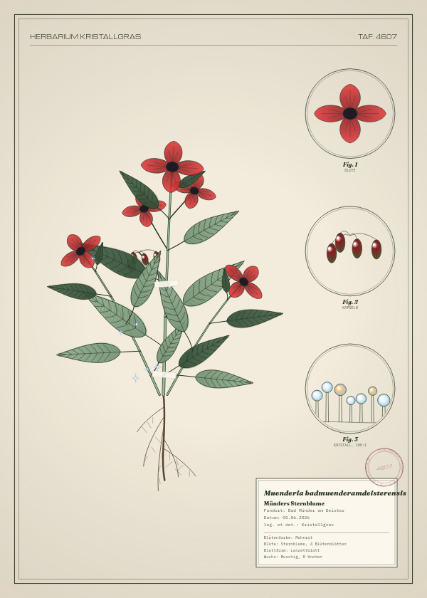 Botanische Tafel: Muenderia badmuenderamdeisterensis, eine erfundene Pflanze aus Bad Münder am Deister, gezeichnet wie in einem alten Pflanzenatlas