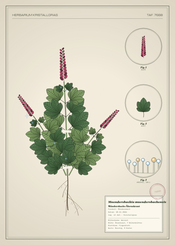 Botanische Tafel: Muendersbachia muendersbachensis, eine erfundene Pflanze aus Mündersbach, gezeichnet wie in einem alten Pflanzenatlas