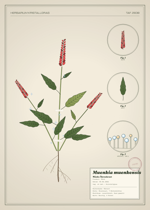 Botanische Tafel: Muenkia muenkensis, eine erfundene Pflanze aus Münk, gezeichnet wie in einem alten Pflanzenatlas