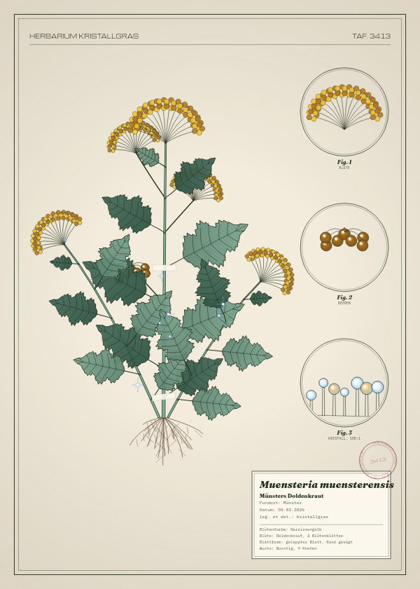 Botanische Tafel: Muensteria muensterensis, eine erfundene Pflanze aus Münster, gezeichnet wie in einem alten Pflanzenatlas