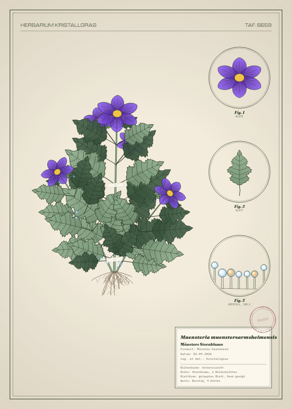 Botanische Tafel: Muensteria muenstersarmsheimensis, eine erfundene Pflanze aus Münster-Sarmsheim, gezeichnet wie in einem alten Pflanzenatlas
