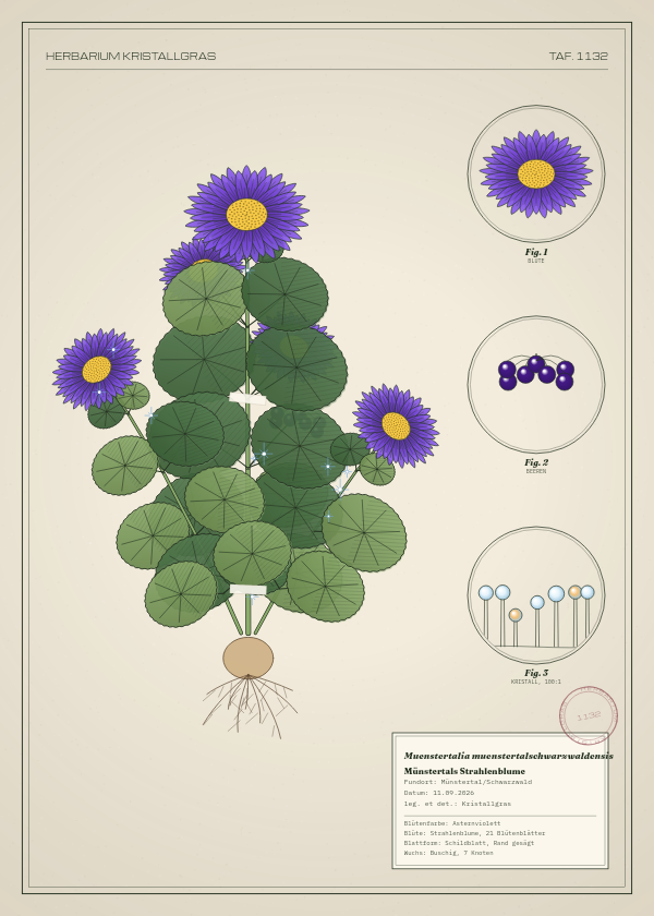 Botanische Tafel: Muenstertalia muenstertalschwarzwaldensis, eine erfundene Pflanze aus Münstertal/Schwarzwald, gezeichnet wie in einem alten Pflanzenatlas