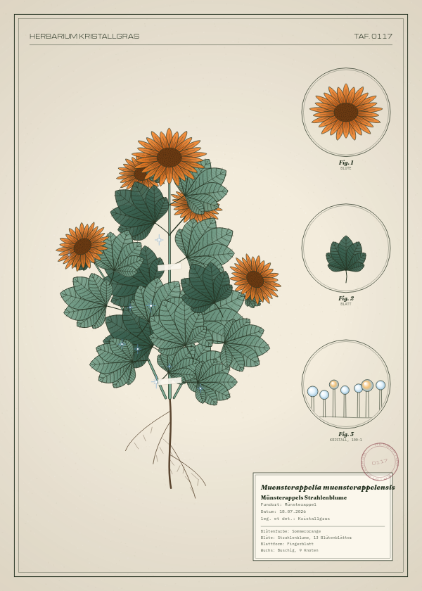 Botanische Tafel: Muensterappelia muensterappelensis, eine erfundene Pflanze aus Münsterappel, gezeichnet wie in einem alten Pflanzenatlas