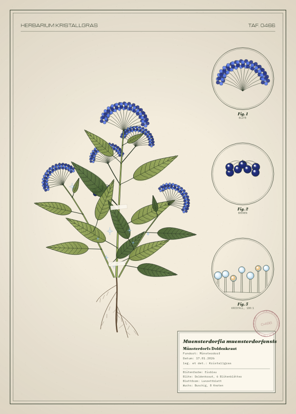 Botanische Tafel: Muensterdorfia muensterdorfensis, eine erfundene Pflanze aus Münsterdorf, gezeichnet wie in einem alten Pflanzenatlas