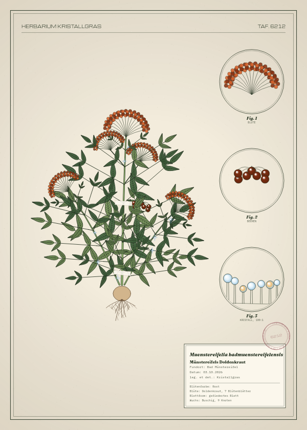 Botanische Tafel: Muenstereifelia badmuenstereifelensis, eine erfundene Pflanze aus Bad Münstereifel, gezeichnet wie in einem alten Pflanzenatlas