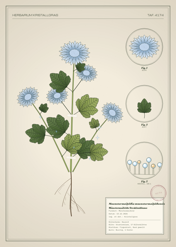 Botanische Tafel: Muenstermaifeldia muenstermaifeldensis, eine erfundene Pflanze aus Münstermaifeld, gezeichnet wie in einem alten Pflanzenatlas