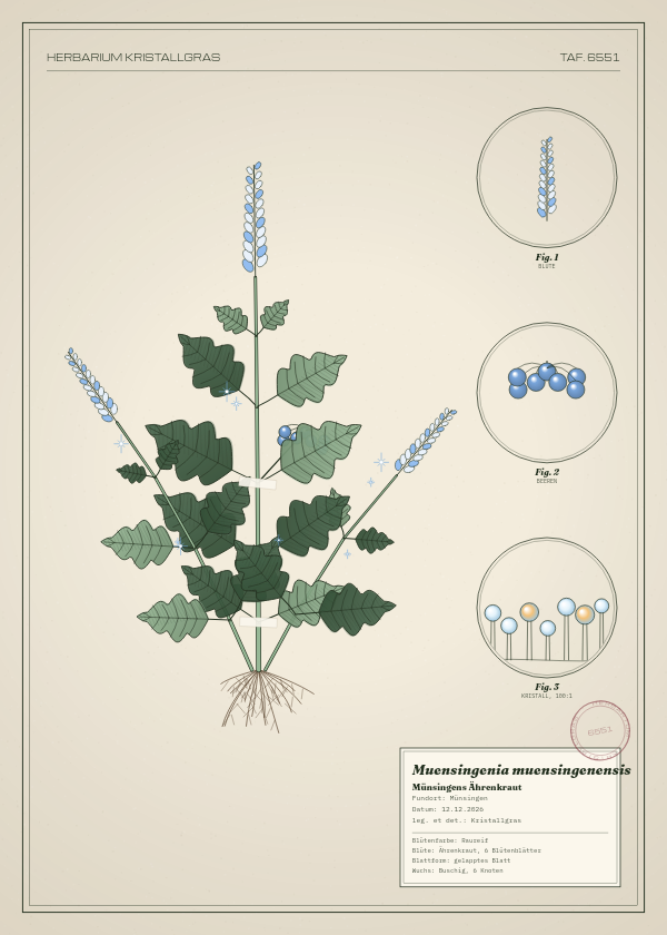 Botanische Tafel: Muensingenia muensingenensis, eine erfundene Pflanze aus Münsingen, gezeichnet wie in einem alten Pflanzenatlas