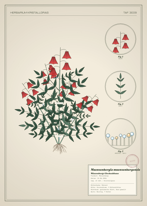 Botanische Tafel: Muenzenbergia muenzenbergensis, eine erfundene Pflanze aus Münzenberg, gezeichnet wie in einem alten Pflanzenatlas