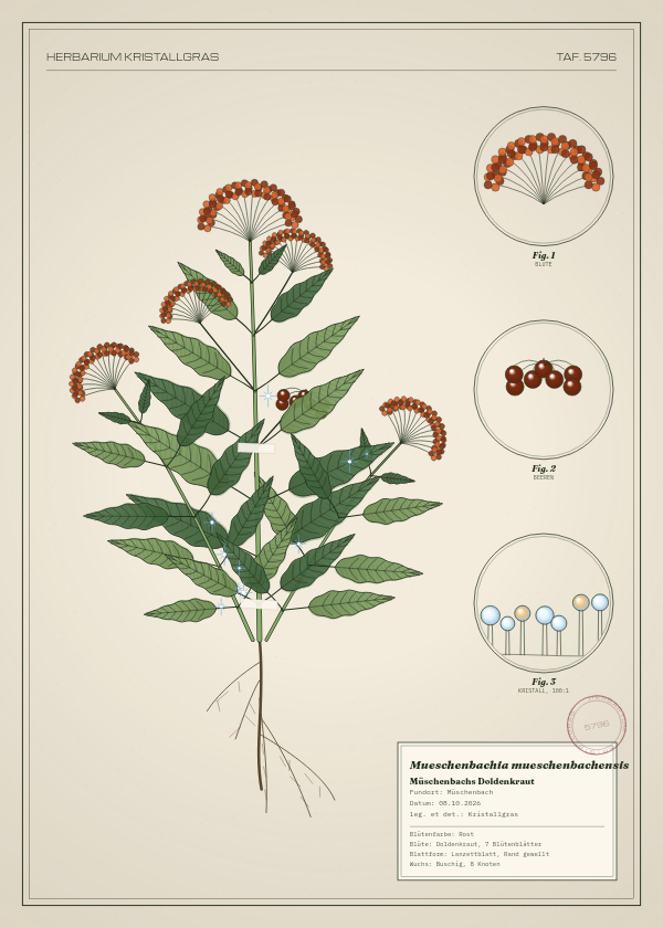 Botanische Tafel: Mueschenbachia mueschenbachensis, eine erfundene Pflanze aus Müschenbach, gezeichnet wie in einem alten Pflanzenatlas